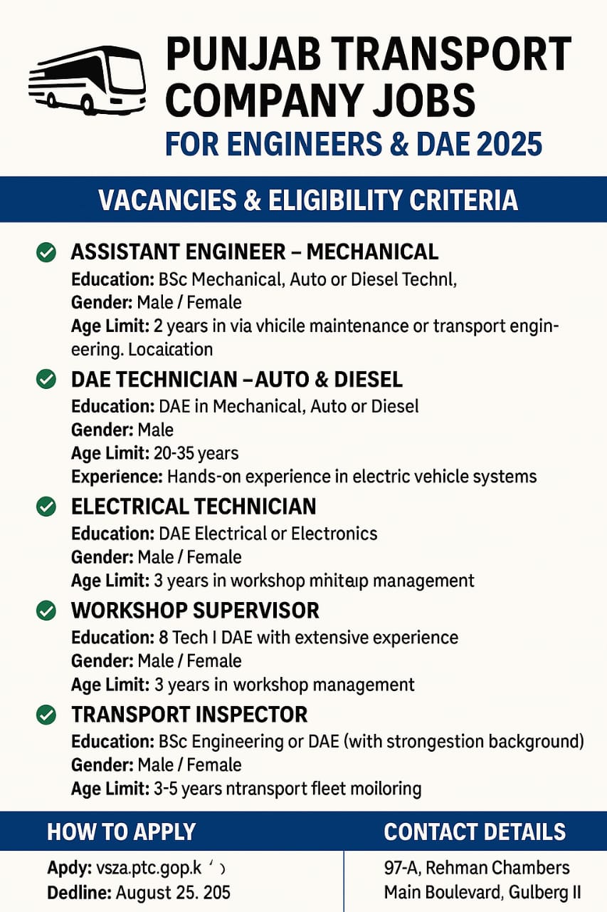 Punjab Transport Company Jobs for Engineers & DAE 2025